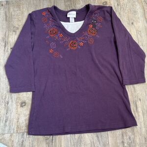 Libery Lane Shirt Halloween Vintage Women's Small Gem Pumpkin Cat Purple Orange